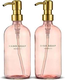MaisoNovo Hand and Dish Soap Dispenser Kitchen Set - 500 ml Pink Glass Soap Dispenser Bottle with Pump Golden x 2, Waterproof Labels