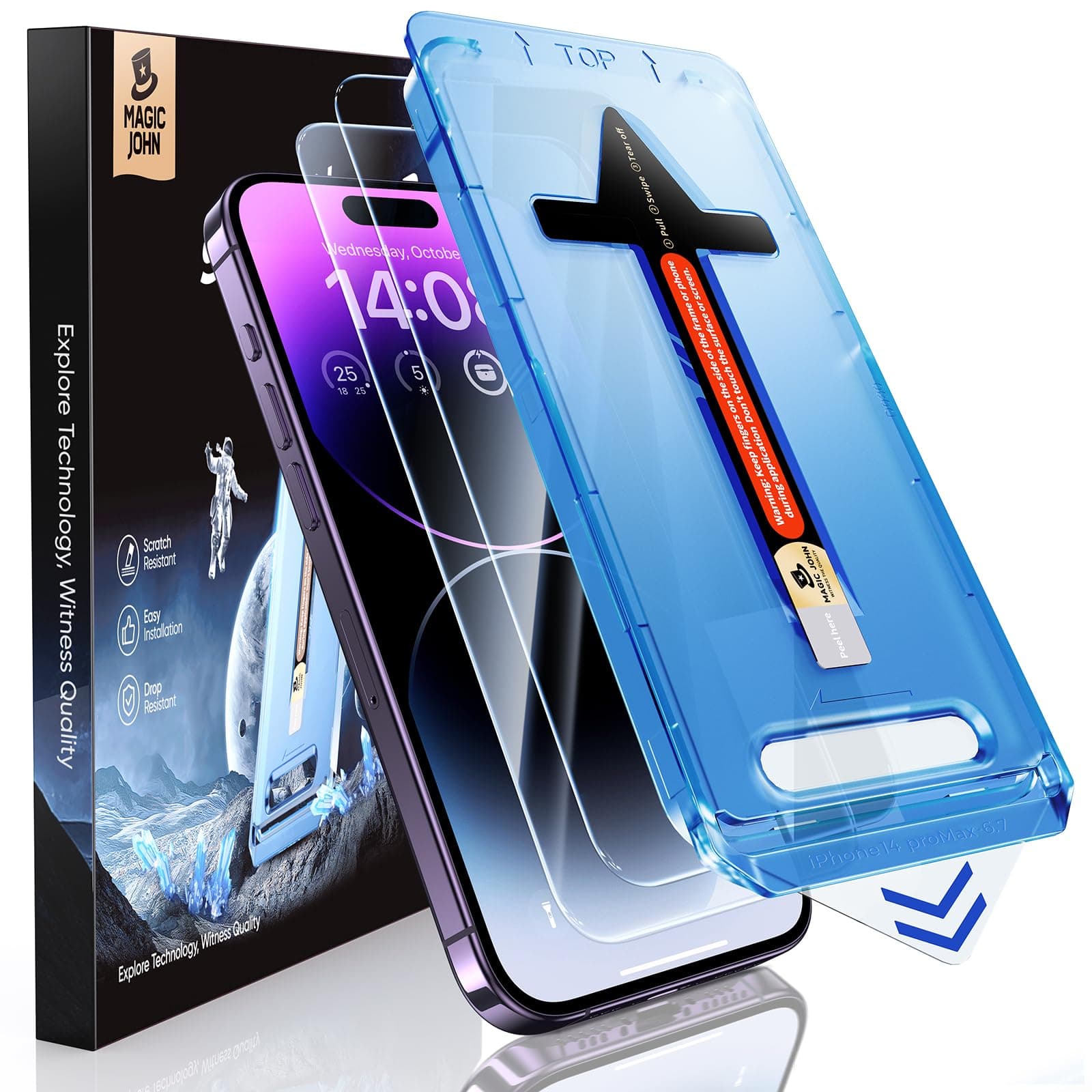 MAGIC JOHN 2 Pack for iPhone 14 Pro Max 6.7 inch Tempered Glass Screen Protector, Auto Dust-Elimination Installation, Bubble Free, Dynamic Island Compatible, HD Clear, Easy Installation
