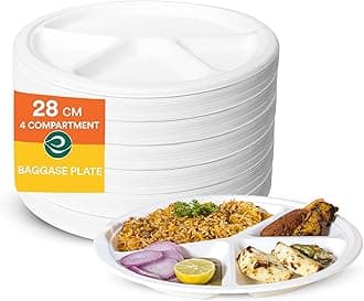 ECO Soul [11 inch, 50 Pack, 4-Compartment Disposable Bagasse Plates | Eco-Friendly, Biodegradable, Sugarcane Paper Plates | for Serving Dinner | Birthday, Wedding & Party | Round, White (28 cm)