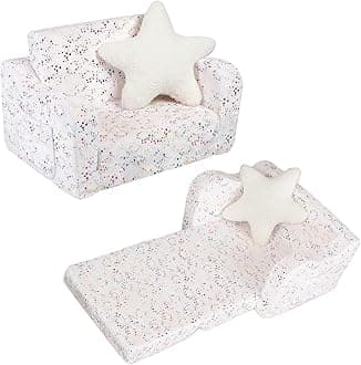 Shiny Star Toddler Couch, 2-in-1 Toddler Soft Couch Fold Out with Star Pillow, Convertible Sofa to Lounger for Girls and Boys, 1-Seat
