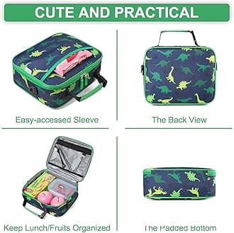 VASCHY Lunch Box Bag for Kids, Reusable Insulated Lunch Box Containers Coolers for Toddler Boys and Girls with Detachable Shoulder Strap for Daycare School Dinosaurs.