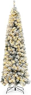 6.5ft Pre-lit Snow Flocked Pencil Christmas Tree Fir Hinged Slim Corner Xmas Tree Holiday Decoration with 250 Incandescent Warm White Lights & 727 Snow Branch Tips, White (6.5ft)