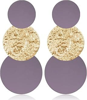 Handmade Long Round Alloy Dangle Drop Earrings - Statement 60s 70s 80s Vintage Gold Disk Round Disc Earrings - Boho Lightweight Summer Beach Jewelry Earring for Women Girls (Purple)