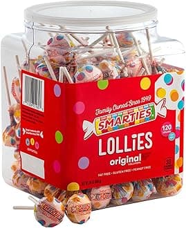 Smarties Lollies - Gluten Free, Peanut Free, Fat Free Assorted Fruity Flavors Lollipops - Low Calorie Perfect for Birthdays, Parties - Made by US Candy Company Since 1949-34 oz 120 Count (Pack of 1)