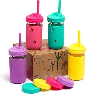 Elk and FriendsStainless Steel Cups | Mason Jar 10oz | Kids & Toddler Cups with Silicone Sleeves & Silicone Straws with Stopper | Sippy Cups, Spill Proof Cups for Kids, Smoothie Cups