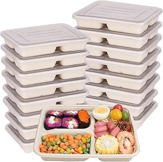 23 oz Sugarcane Fiber 3 Compartments disposable plates with Lids food container sets Plant Fibers Freezer Safe 50 Pack