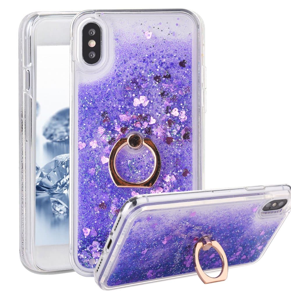 iPhone X Case with Ring Liquid - USAcases Finger Ring Stand Holder Kickstand Moving Quicksand Slim Fit Crystal Clear Floating Luxury Glitter Sparkle Diamond for iPhone X