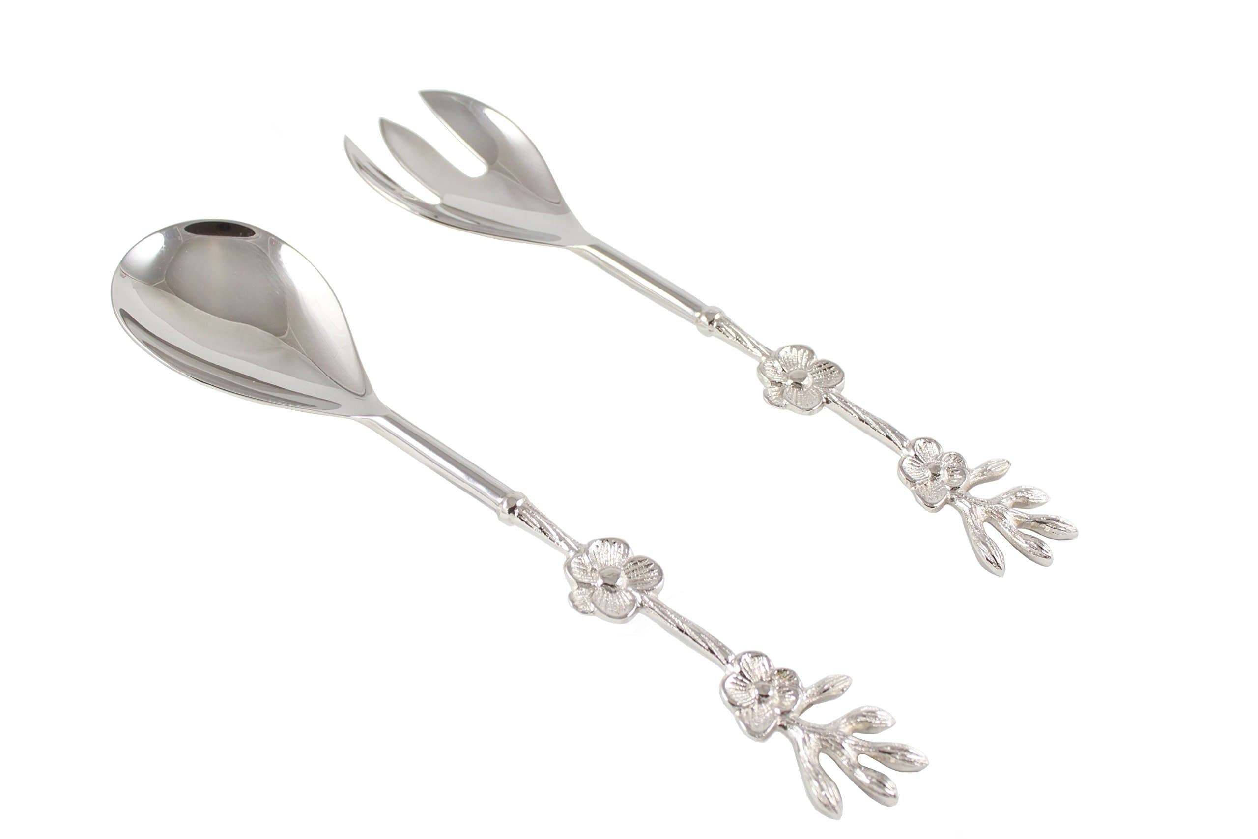 Server Set, Hostess Set, Serving Spoon and Fork, Flower Design, 2-piece 18/10 Stainless steel with brass handles (slight antique silver finish)