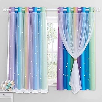 NICETOWN Kids Blackout Curtains - Stars Cut Out Thermal Curtains for Nursery Girls Boys Bedroom Living Room Rainbow Drapes with Eyelet, 2 Panels W66 x L54 Inch (168x137 cm), Purple Blue Green Yellow
