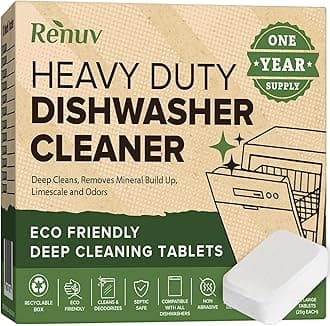 Heavy Duty Dishwasher Cleaner & Deodorizer Tablets, Descaler, Deep Cleaning, Natural Odor & Smell Remover, Calcium, Limescale, Hard Water Marks, Grease, Septic Safe Pods (12 Tabs 1 Yr Supply)
