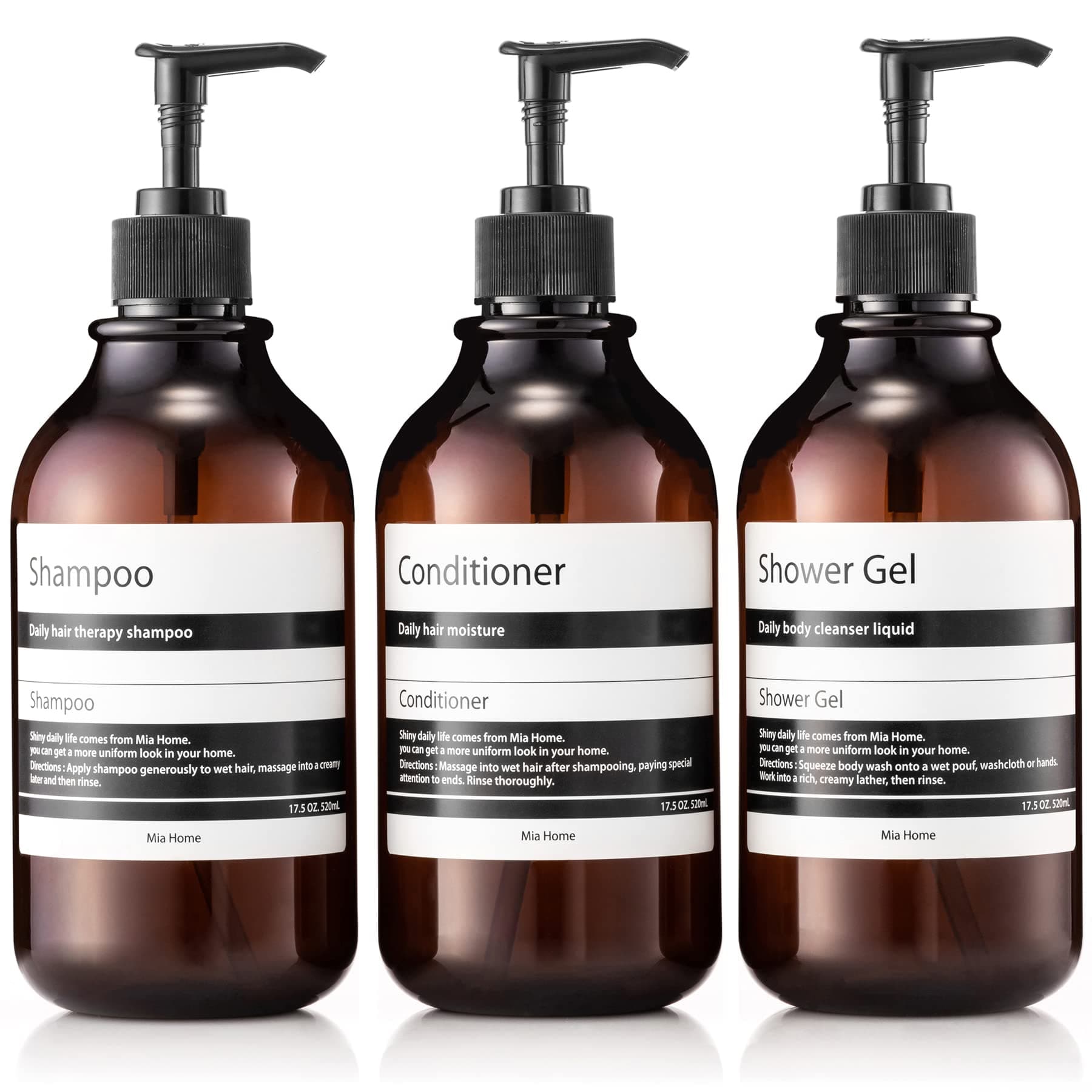 17.5 oz Refillable Empty Amber PET Plastic Bottle Set - 3 Bottles only with Labels, Shampoo & Conditioner & Shower Gel, Silcone Funnel