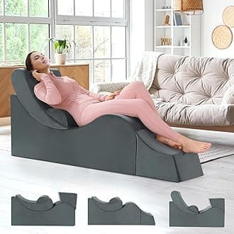 HOMBYS Yoga Chaise Lounge Indoor, Ergonomic Reading Chair for Adults, Multifunctional Foam Recliner for Living Room,Adjustable Footrests & Lumbar Support Pillow, 55"x19.7"x17.7", Grey