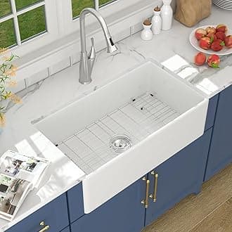 Farmhouse Sink - Lordear 33x18 Inch White Farmhouse Sink Fireclay Kitchen Sinks Apron Front 33 Inch Glossy Porcelain Ceramic Single Bowl Reversible Farm Farmer Style Sinks