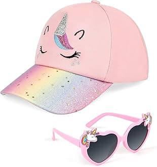 Hifot Girls Baseball Cap Kids Sunglasses Set,Adjustable Sun Hat Sequin Cat Ear Hat Cute Toddler Cap for Girls Ages 3-10Y(Pink)