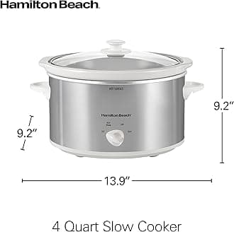 Hamilton Beach 4-Quart Slow Cooker with 3 Cooking Settings, Dishwasher-Safe Stoneware Crock & Glass Lid, Stainless Steel (33140V)