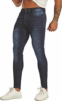 Men's Super Skinny Stretch Tapered Leg Slim Fit Ripped Distressed Jeans…