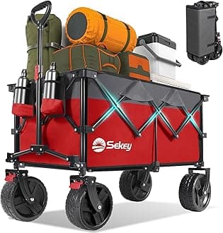 Sekey 220L Wagons Carts Foldable with Big All-Terrian Beach Wheels, Collapsible Heavy DutyWagon with Cup Holders, Extra Large Folding Wagon,Foldable Wagon for Camping, Garden, Sports.Red&Grey