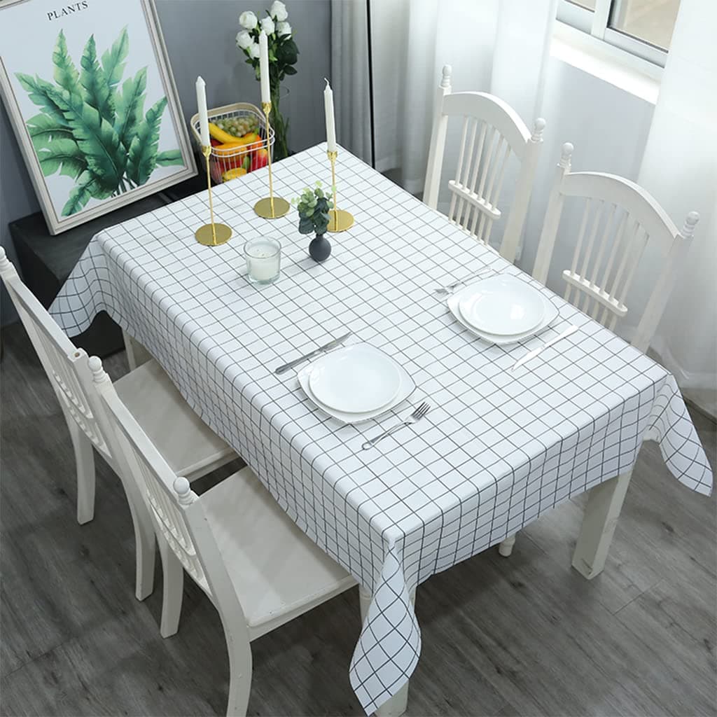 137*180cm White Checkered PVC TableCloth Plaid Wipeable Tablecloth Rectangular ,Plastic Wipe Clean Tablecloth Stain Resistant,Waterproof,Oil-proof Gingham Table Cover for Outdoor Picnic,Party,Dinner