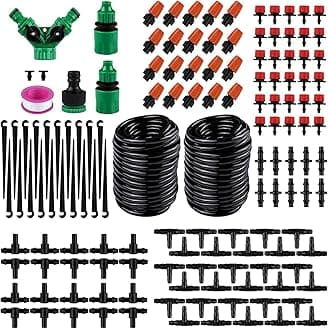 Drip Irrigation Kits, BEONE DIY Saving Water Automatic Irrigation Equipment Set, 1/4inch Distribution Tubing Adjustable Nozzle Sprayer for Garden Greenhouse Lawn Patio (149 PCS)