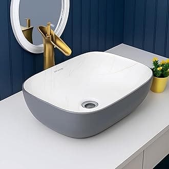 SEA SHORE Modern Designer Ceramic Wash Basin – Countertop Table Top Sink with Slim Rim for Bathroom/Living Room (18 x 13 x 5.5 Inch, Grey & White)