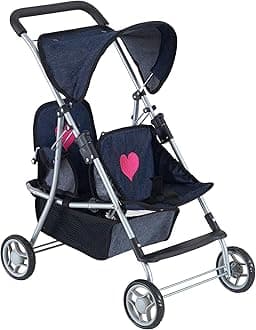 The New York Doll Collection First Twin Stroller - Cutest Heart Design Baby Strollers Great Toy Gift for Toddlers and Girls (Denim) Blue,pink