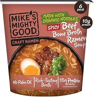 Mike’s Mighty Good Spicy Beef Bone Broth Ramen Cup (Pack of 6) – 10g Protein Instant Ramen Noodles – Organic Steamed, Non-GMO, Palm Oil-Free – Rich Tasting, No Artificial Flavors