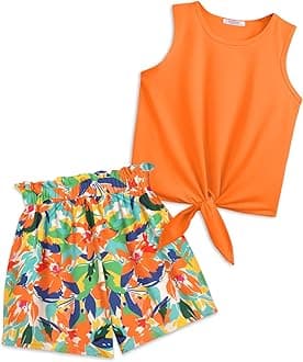 Arshiner Girl's 2 Piece Outfits Tie Knot Tank Top and Paperbag Waist Pocketed Summer Short Sets