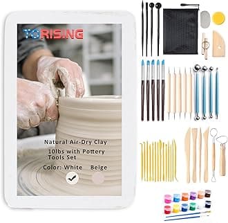 TORISING Air Dry Clay 10 LBs with 42 Pcs Set Pottery Clay Tools Set, 12 Vivid Colors 5ml Each and 2 Brushes for Hand Modeling and Throwing, Non-Toxic (White)