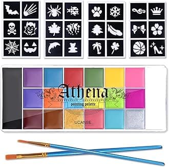 UCANBE Athena Face Body Painting Kit - 20 Color Large Deep Pan Paint, 24 Stencils, 2pcs Brushes, Professional Oil Based SFX Makeup Palette for Art, Theater, Halloween, Parties and Cosplay