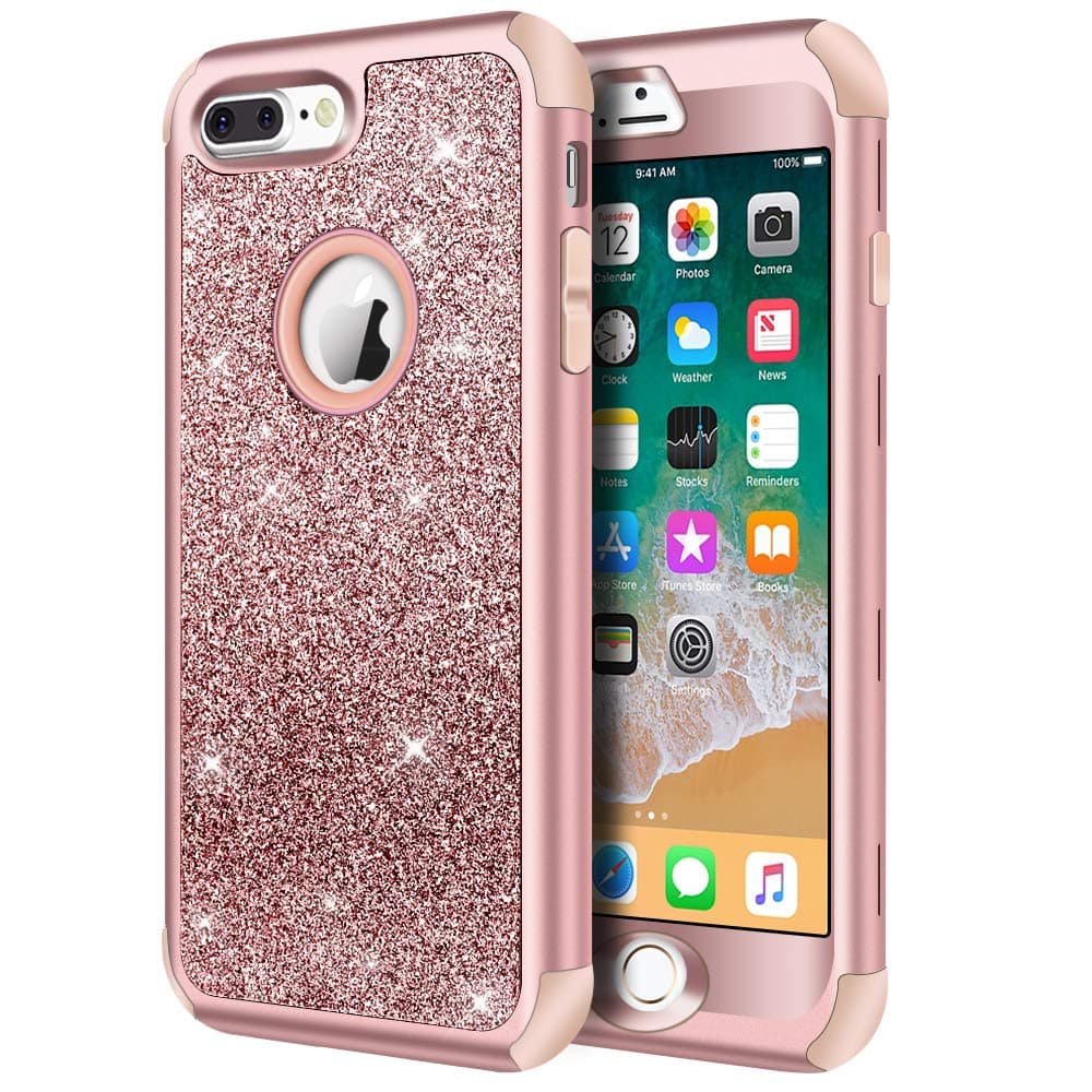 HythonDesigned for iPhone 8 Plus, iPhone 7 Plus Case, Heavy Duty Defender Protective Bling Glitter Sparkle Hard Shell Hybrid Shockproof Rubber Bumper Cover for 7 Plus and 8 Plus, Rose Gold