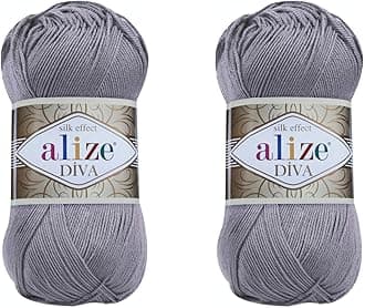 Diva Microfiber Acrylic Yarn - Silk Effect Thread for Crochet & Lace Craft - 2 Skeins, 200gr, 767 yds (Smoky)