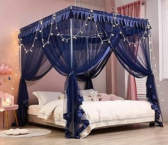 Mengersi Canopy Bed Curtains Bed Canopy Royal Luxurious Cozy Drapes Netting- Elegant Bed Sheer Bedroom Decoration Accessories for Adults(Navy Blue,Twin XL)