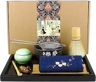Japanese Matcha Tea Set, Matcha Whisk, Traditional Spoon, Matcha Bowl, Black Bamboo Tray, Ceramic Whisk Holder, Matcha Box, Handmade Matcha Ceremony Kit for Japanese Tea Ceremony (10pcs)