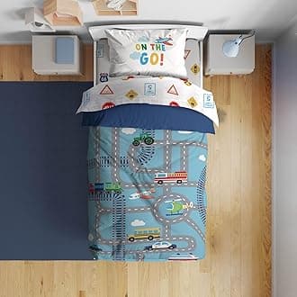 Sunny Side Up On The Go Toddler Comforter Set - 4 Piece Preschool Bedding Includes Comforter, Sheets & Pillow Cover - Super Soft Vehicles Microfiber Bed Set