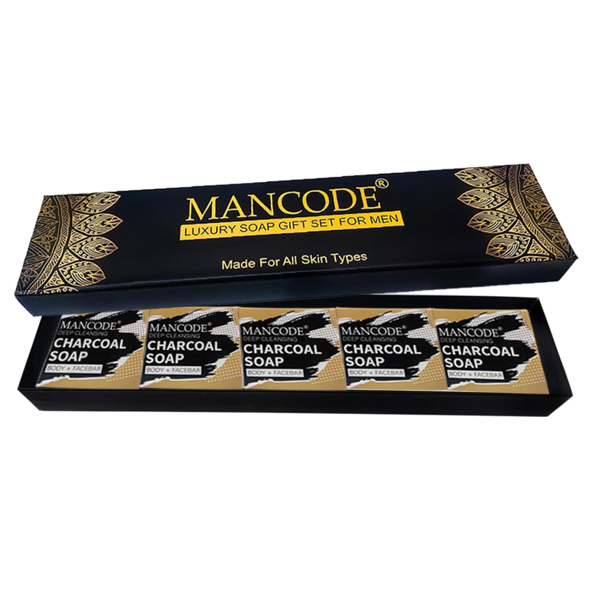 Mancode Luxury Soap Gift Set For Men With Pack of 5 Activated Charcoal Soap Bars | Deep Cleansing Soap | Provides Natural Glow | Daily Bathing Bar Soap For Men For All Skin Types. (Pack of 5) (625g)