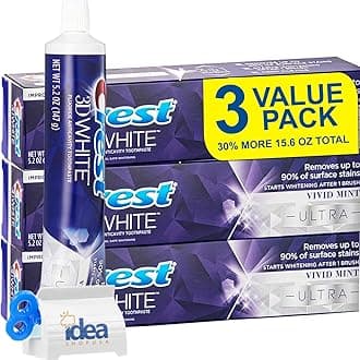 3D-White Ultra Whitening Toothpaste Vivid Mint, 3 Large Tubes of 5.2 oz (Total 15.6 oz) Anticavity Fluoride, Enamel Repair, Stain Protection Bonus Idea Shop USA Toothpaste Squeezer
