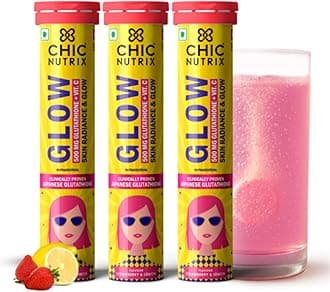 - Chicnutrix Glow Glutathione Effervescent Tablets with Vitamin C |Japanese Glutathione 500mg For Radiant, Even-Toned and Glowing Skin | Sugar-Free| Strawberry Lemon Flavour, 20 Tablets (Pack of 3)