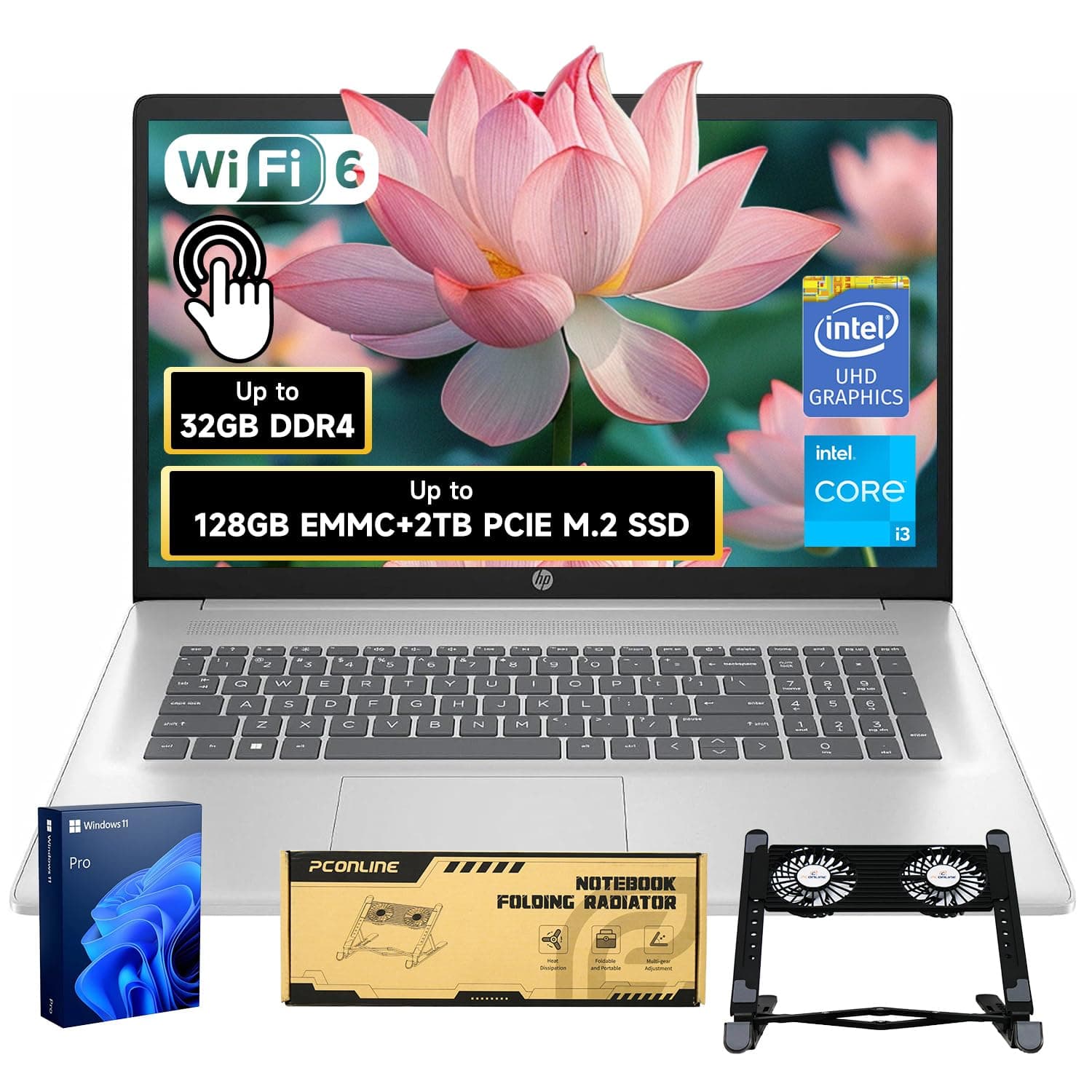 17.3" Touchscreen Laptop, Intel Core i3 CPU, Win 11 Pro w/Office 365 for The Web, 16GB RAM, 128GB eMMC + 512GB SSD, Numeric Keypad, Wi-Fi 6, Silver, Bundle with PCO Notebook Fold Radiator, Cooler