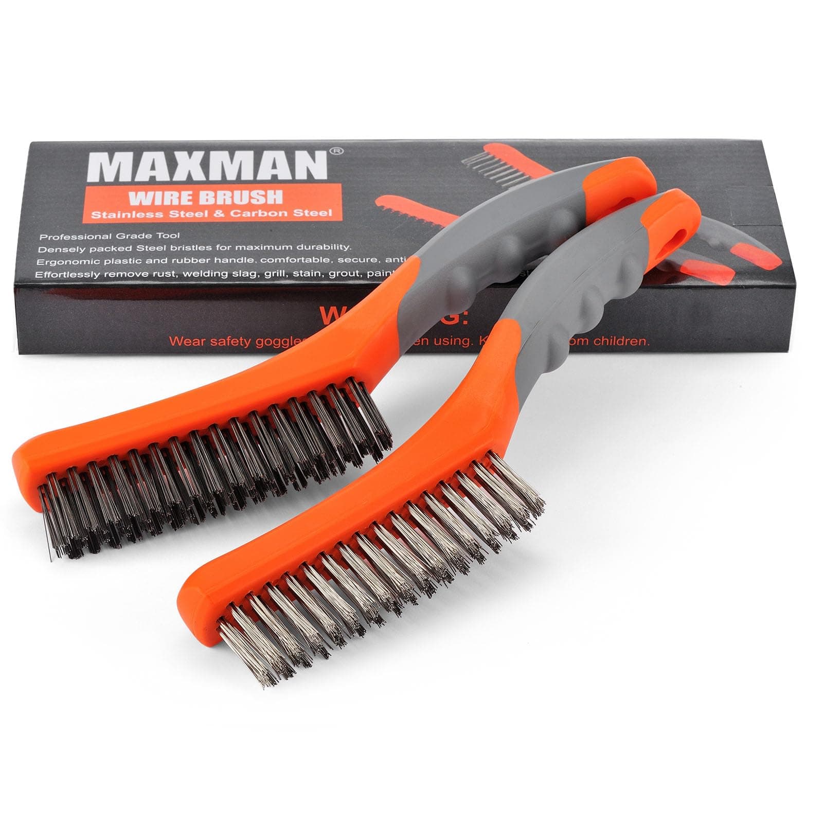 MAXMAN Wire Brush Set, Heavy Duty Stainless Steel and Carbon Steel Wire Brushes for Cleaning Rust, Grill, Dirt, Paint Removal, Welding, Stiff Bristle Metal Brush with 10" Plastic Handle, Large, 2Pcs