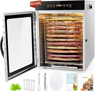 KWASYO - Rotary Food Dehydrator Machine, 12 Stainless Steel Trays, 1000W Dual Fan, 360° Adjustable Timer, 24 Hour Adjustable Timer and Control