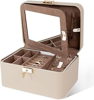 KAMIER Jewelry Box,2 Layers PU Leather Jewelry Organizer Box, Large Capacity, Double Lock and Large Mirror, Hidden Necklace Hooks,Removable Dividers,With Carrying Handle Beige