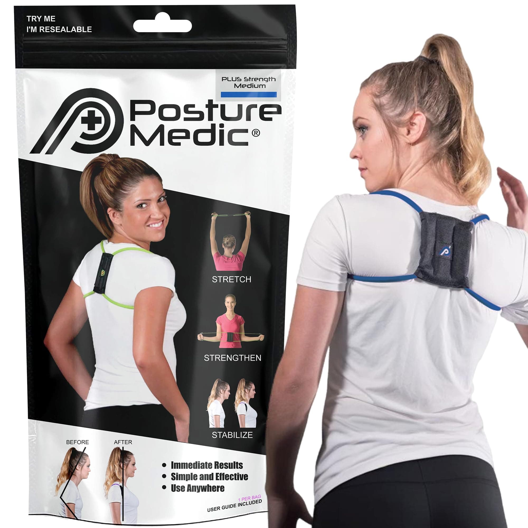 PostureMedic Dynamic Posture Corrector - Active Resistance Training System for Upper Back Strengthening & Shoulder Alignment - Stretches Chest, Strengthens Back - Doctor Recommended - Size M (Blue)