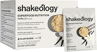 - Shakeology 0g Added Sugar Plant-Based Vegan Protein Powder – Gluten-Free Superfood Shake with Vitamins & Minerals – Helps Support Healthy Weight Loss & Gut Health, Vanilla, 14 Individual Packets