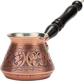 Thickest Copper Turkish Greek Arabic Coffee Pot, Stovetop Coffee Maker, Cezve Ibrik Briki with Wooden Handle & Spoon, Hand Engraved (Matte Copper, 9 Ounces)