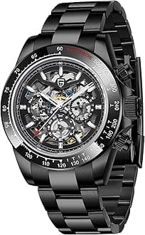 PAGANI DESIGN 1777 Men's Multifunction Automatic Mechanical Watch Skeleton Rainbow Bezel Stainless Steel Strap Waterproof Luminous Luxury Analog Watch