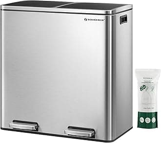 Songmics Dual Trash Garbage Can, 16 Gal (60L) Rubbish Bin And 15 Trash Bags, Metal Step Bin, With Dual Sections, Plastic Inner Buckets, Hinged Lids, Handles, Soft Closure, Silver Ultb60Nl