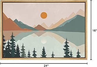 SIGNFORD Framed Canvas Print Wall Art Pastel Mountain Tree Forest Lake Nature Wilderness Illustrations Modern Art Decorative Boho Relax/Zen for Living Room, Bedroom, Office - 16"x24" Natural