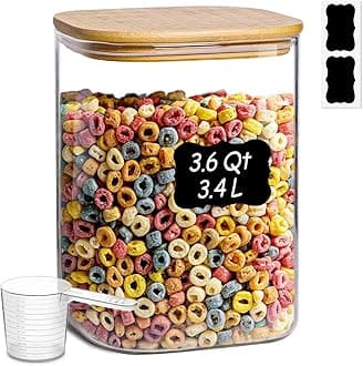 ComSaf 3.4L Square Glass Jars with Bamboo Lids, Large Glass Storage Jars, Wide Mouth Food Storage Container with Airtight Lids for Flour, Sugar, Rice, Pasta, Oats, Grains, Cookies, Snacks, Candy…