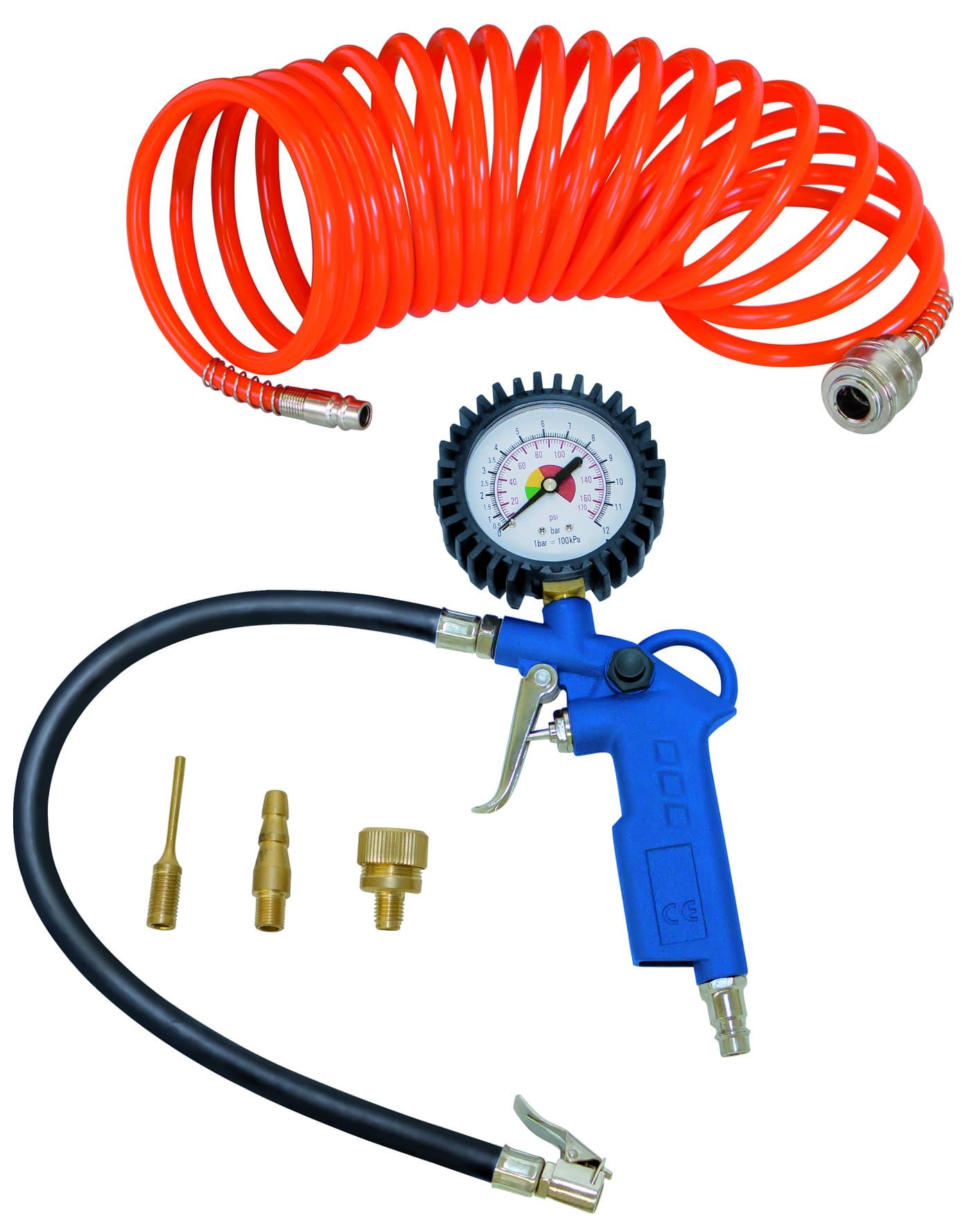 Scheppach Compressor Accessory Set, 5-Piece Compressed Air Tool, Tyre Inflation Gauge with Rubberised Pressure Gauge and Air Drain Valve, 5 m Spiral Hose, 3 Attachment Nozzles, 7906100724