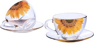 STP GOODS Sunflowers Glass Tea Cup and Saucer Set of 2 Glass Teacups 6.8 fl oz (200 ml) Cups with Matching Saucers for Two, Tea Coffee Set for 2, Coffee Cups, Dishwasher and Microwave safe